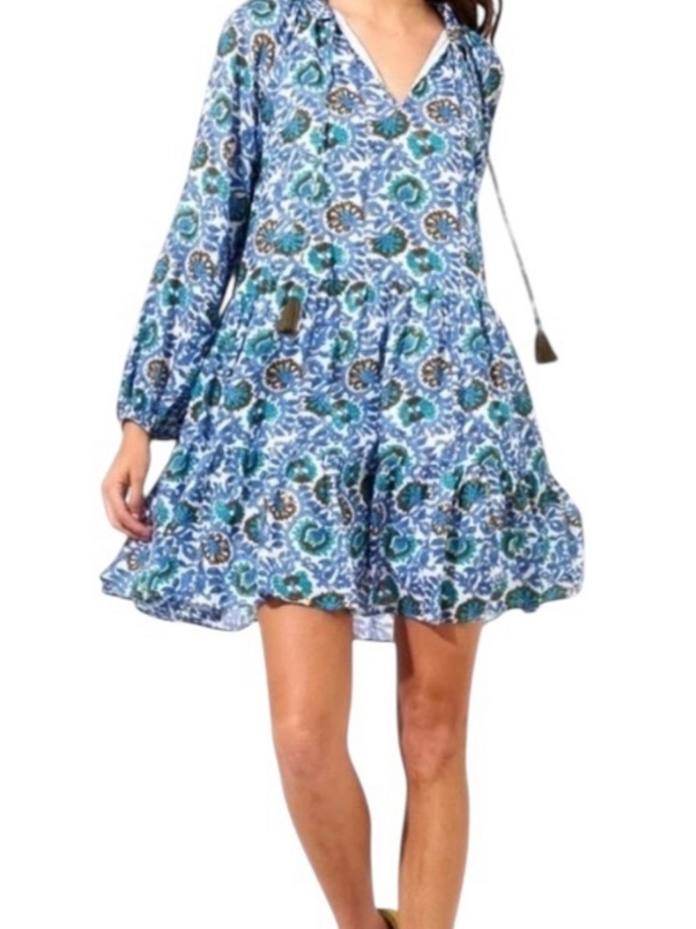 Oliphant Napa Metallic Blockprint Balloon Long Sleeve Tassel Tie Mini Dress